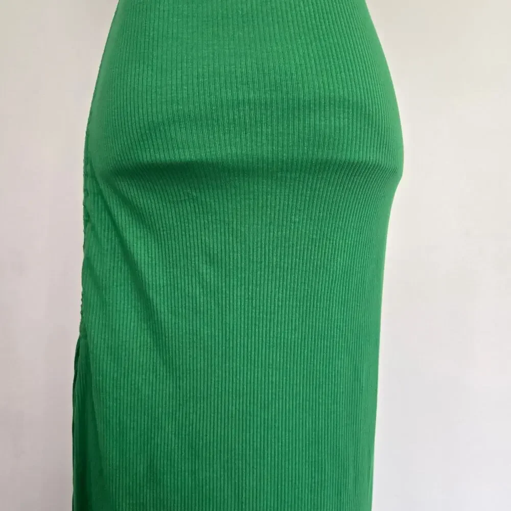 J Crew Women Ruched Midi Dress Kelly Green Ribbed Stretch Summer Beach Small